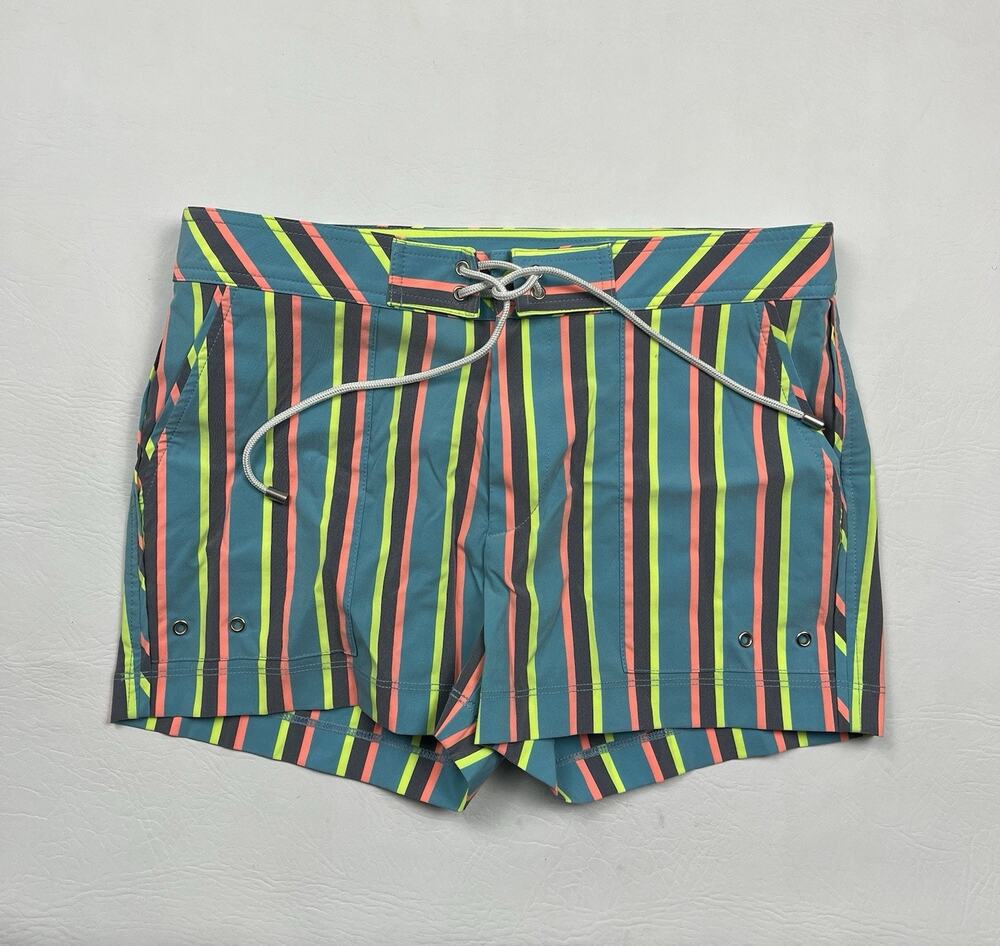 Mr Turk Swim Trunks Mens 34 Vertical Stripe Retro Neon Lined Shorts